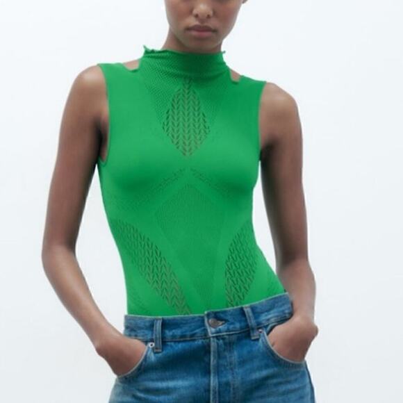 NWT Zara Seamless Mock Neck Sleeveless Bodysuit Pullover Light Green Womens XS-S - Picture 1 of 6